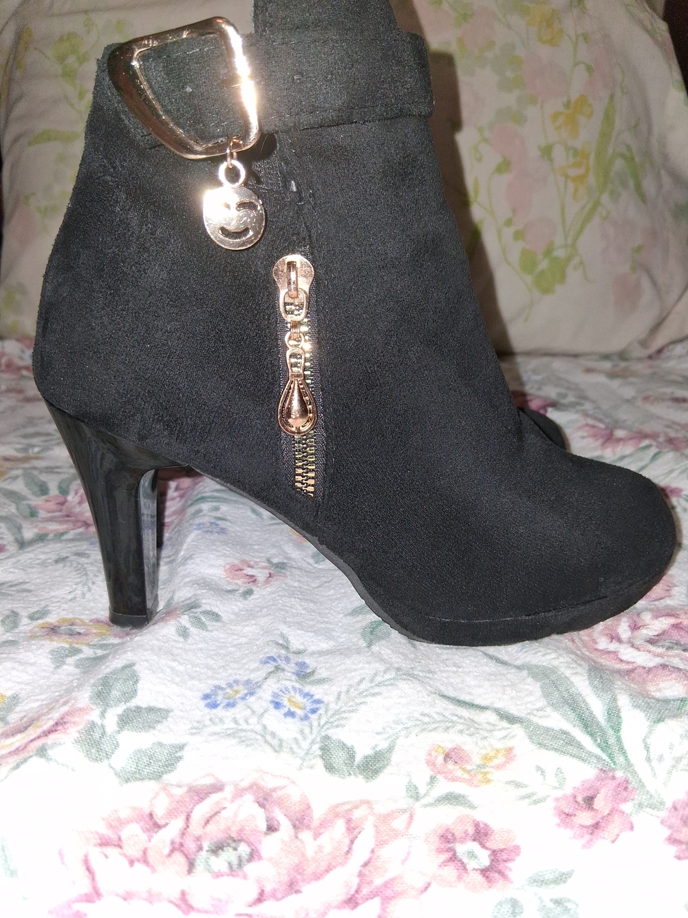 Women's Black Suede Ankle Boots with Gold Accent - Picture 2 of 9